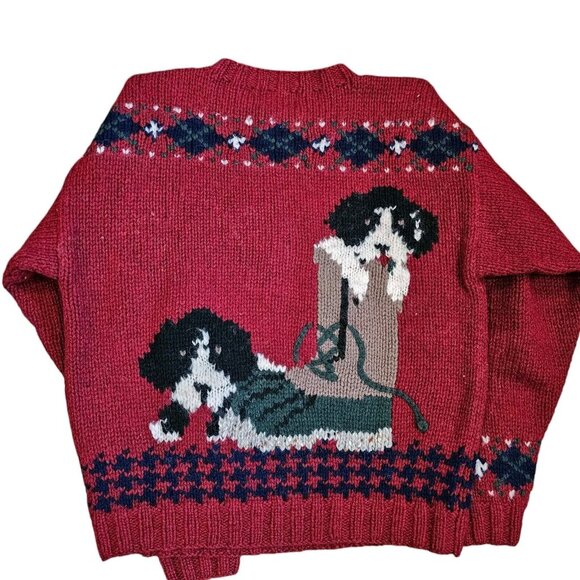 Vintage Womens Size Medium‎ Handknit Dog Sweater Wool Red Double Sided Argyle - Picture 3 of 9
